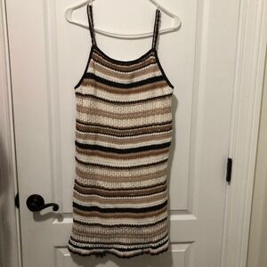 American Eagle Striped Crochet Mini Dress Boho Tassel Tie Back Brown Cream Small